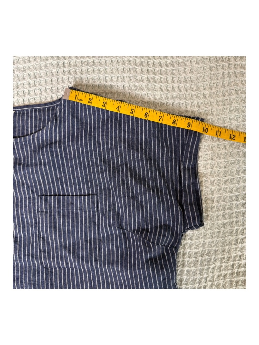 LL Bean 100% Linen Shirt Womens Large Reg Navy Blue Stripe Lagenlook Top 517773 - Picture 7 of 8